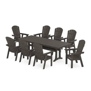 POLYWOOD Nautical 9-Piece Curveback Adirondack Farmhouse Dining Set with Trestle Legs in Vintage Finish