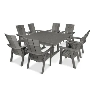 POLYWOOD Modern Curveback Adirondack 9-Piece Farmhouse Trestle Dining Set