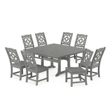 POLYWOOD Chinoiserie 9-Piece Square Side Chair Dining Set with Trestle Legs