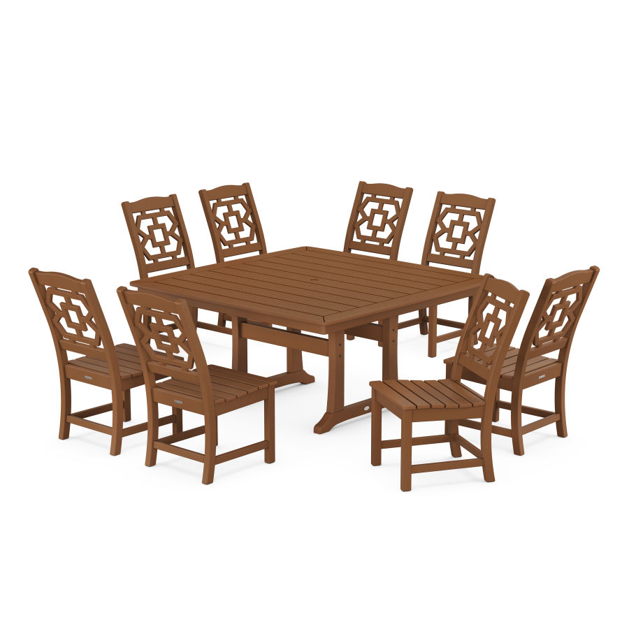 POLYWOOD Chinoiserie 9-Piece Square Side Chair Dining Set with Trestle Legs in Teak
