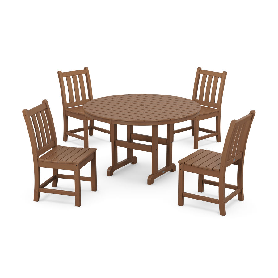 POLYWOOD Traditional Garden Side Chair 5-Piece Round Dining Set in Teak