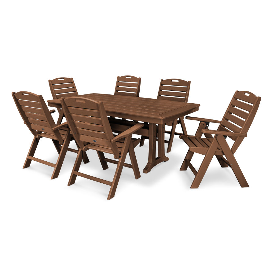POLYWOOD Nautical Folding Highback Chair 7-Piece Dining Set with Trestle Legs in Teak