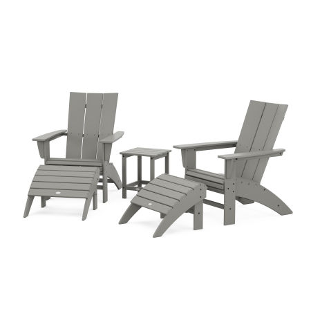 Modern Curveback Adirondack Chair 5-Piece Set with Ottomans and 18" Side Table in Slate Grey