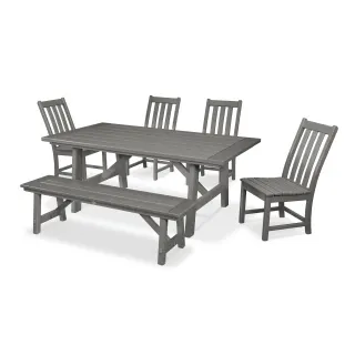 POLYWOOD Vineyard 6-Piece Rustic Farmhouse Side Chair Dining Set with Bench