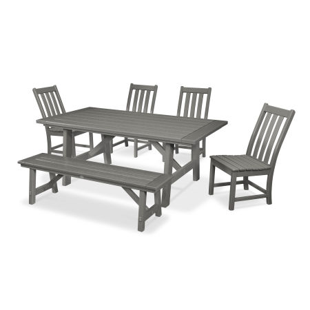 Vineyard 6-Piece Rustic Farmhouse Side Chair Dining Set with Bench in Slate Grey