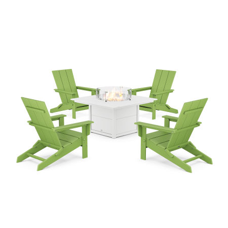 POLYWOOD 5-Piece Modern Studio Folding Adirondack Conversation Set with Fire Pit Table in Lime
