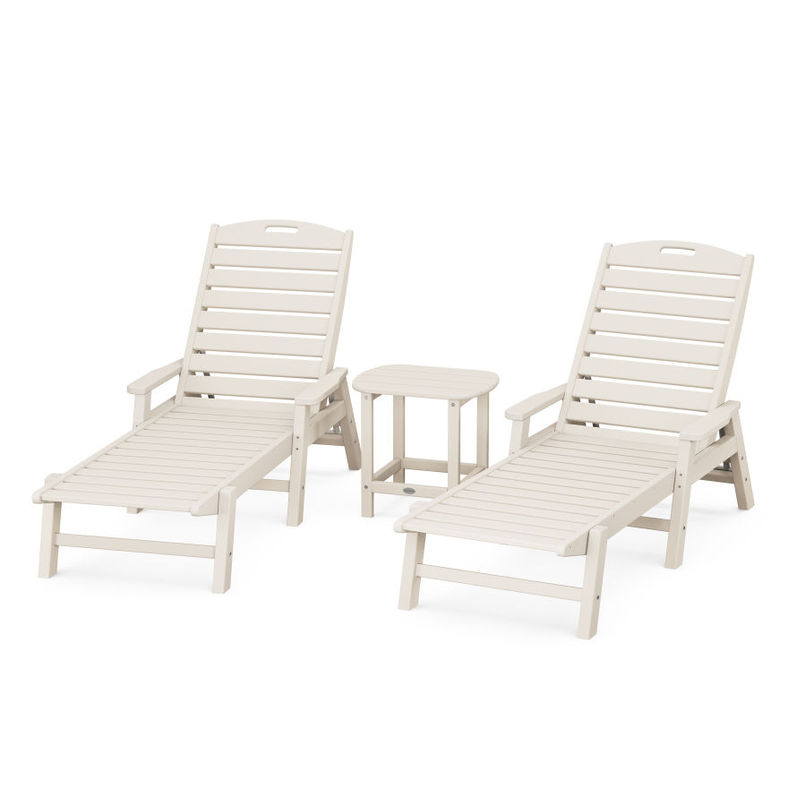 POLYWOOD Nautical 3-Piece Chaise Lounge with Arms Set with South Beach 18" Side Table in Sand