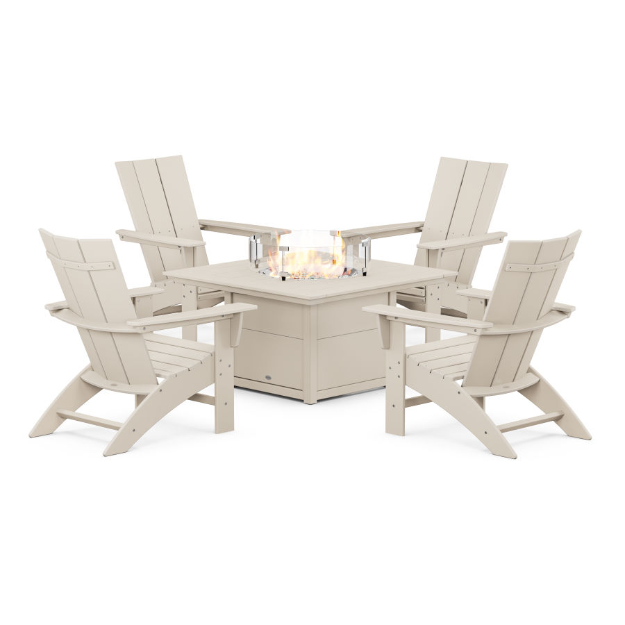 POLYWOOD Modern Curveback Adirondack 5-Piece Conversation Set with Fire Pit Table in Sand