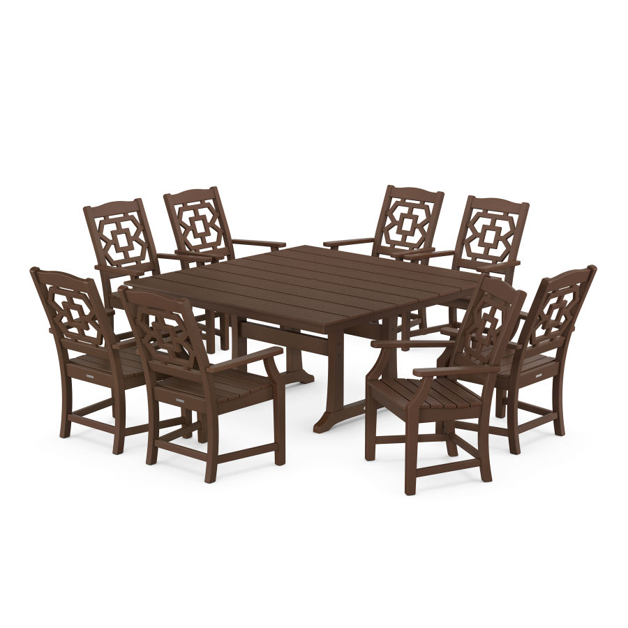 POLYWOOD Chinoiserie 9-Piece Square Farmhouse Dining Set with Trestle Legs in Mahogany