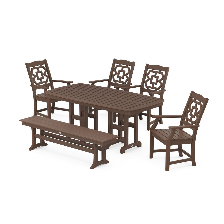 POLYWOOD Chinoiserie 6-Piece Dining Set with Bench in Mahogany