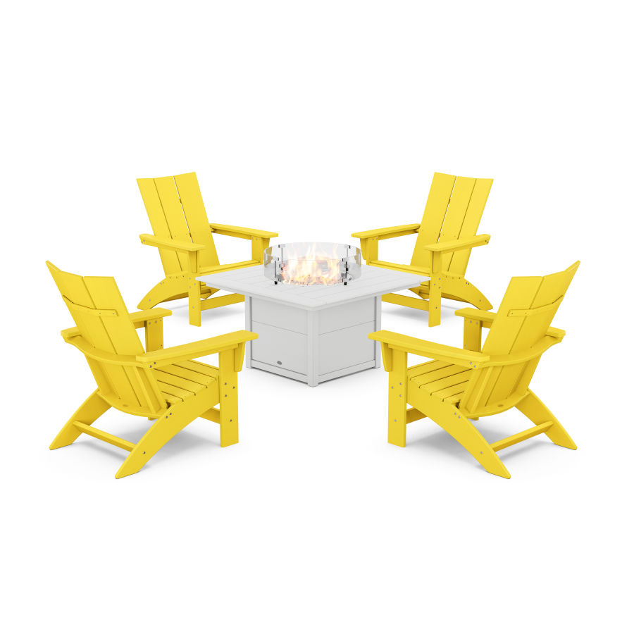 POLYWOOD 5-Piece Modern Grand Adirondack Conversation Set with Fire Pit Table in Lemon / White