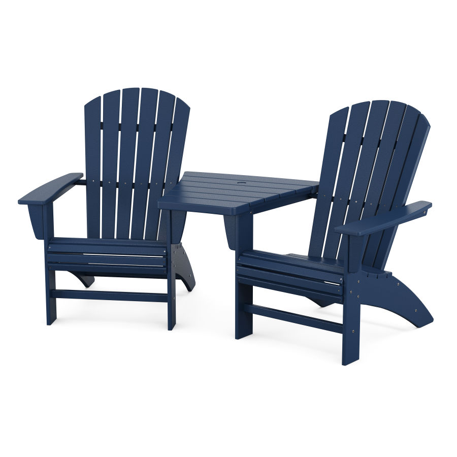 POLYWOOD Nautical 3-Piece Curveback Adirondack Set with Angled Connecting Table in Navy
