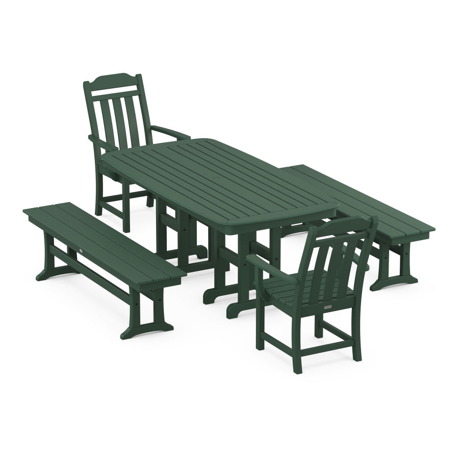 POLYWOOD Country Living 5-Piece Dining Set with Benches in Green