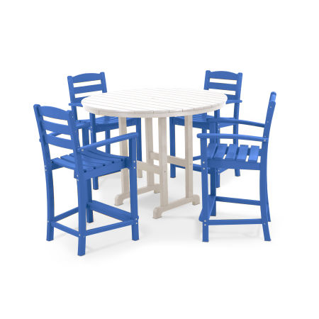 POLYWOOD La Casa Café 5-Piece Round Farmhouse Counter Set in Pacific Blue / White