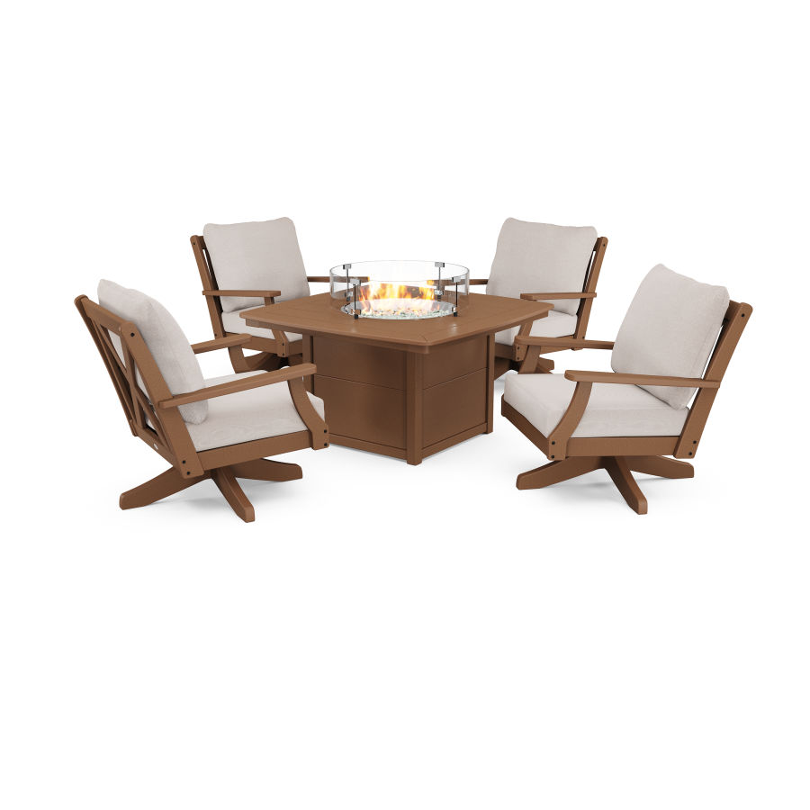 POLYWOOD Braxton 5-Piece Deep Seating Swivel Conversation Set with Fire Pit Table in Teak / Dune Burlap