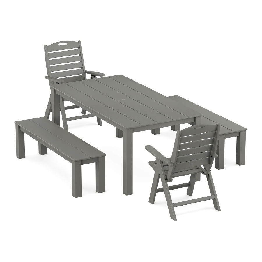 POLYWOOD Nautical Folding Highback Chair 5-Piece Parsons Dining Set with Benches