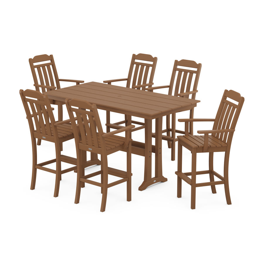 POLYWOOD Country Living Arm Chair 7-Piece Farmhouse Bar Set with Trestle Legs in Teak
