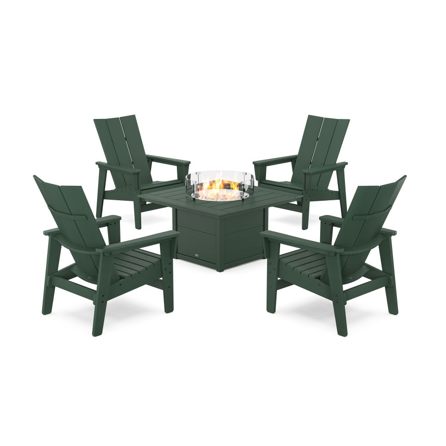 POLYWOOD 5-Piece Modern Grand Upright Adirondack Conversation Set with Fire Pit Table in Green
