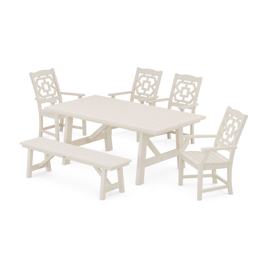 POLYWOOD Chinoiserie 6-Piece Rustic Farmhouse Dining Set with Bench in Sand