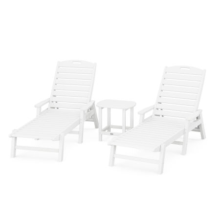 Nautical 3-Piece Chaise Lounge with Arms Set with South Beach 18" Side Table in White