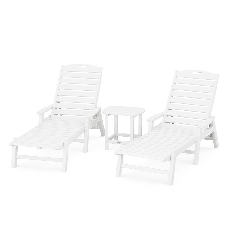 POLYWOOD Nautical 3-Piece Chaise Lounge with Arms Set with South Beach 18" Side Table in White