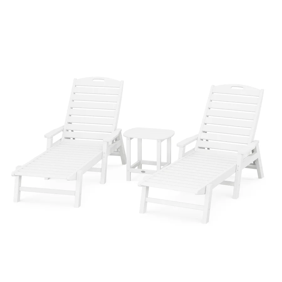 POLYWOOD Nautical 3-Piece Chaise Lounge with Arms Set with South Beach 18" Side Table in White