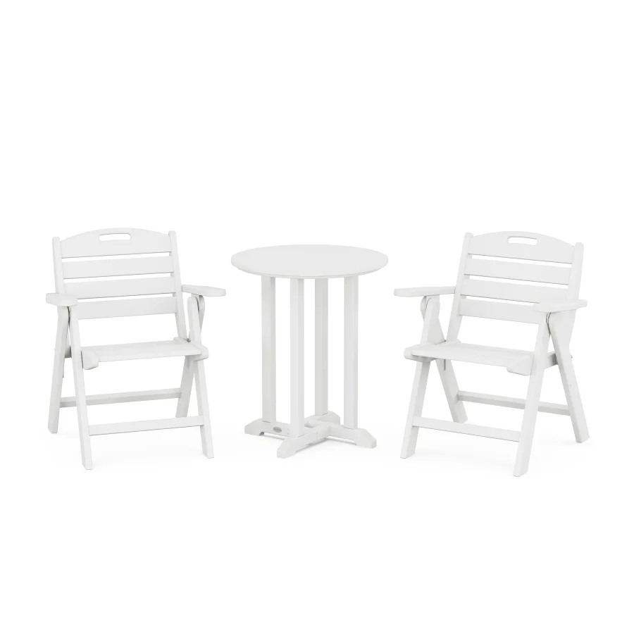 POLYWOOD Nautical Folding Lowback Chair 3-Piece Round Bistro Dining Set in White