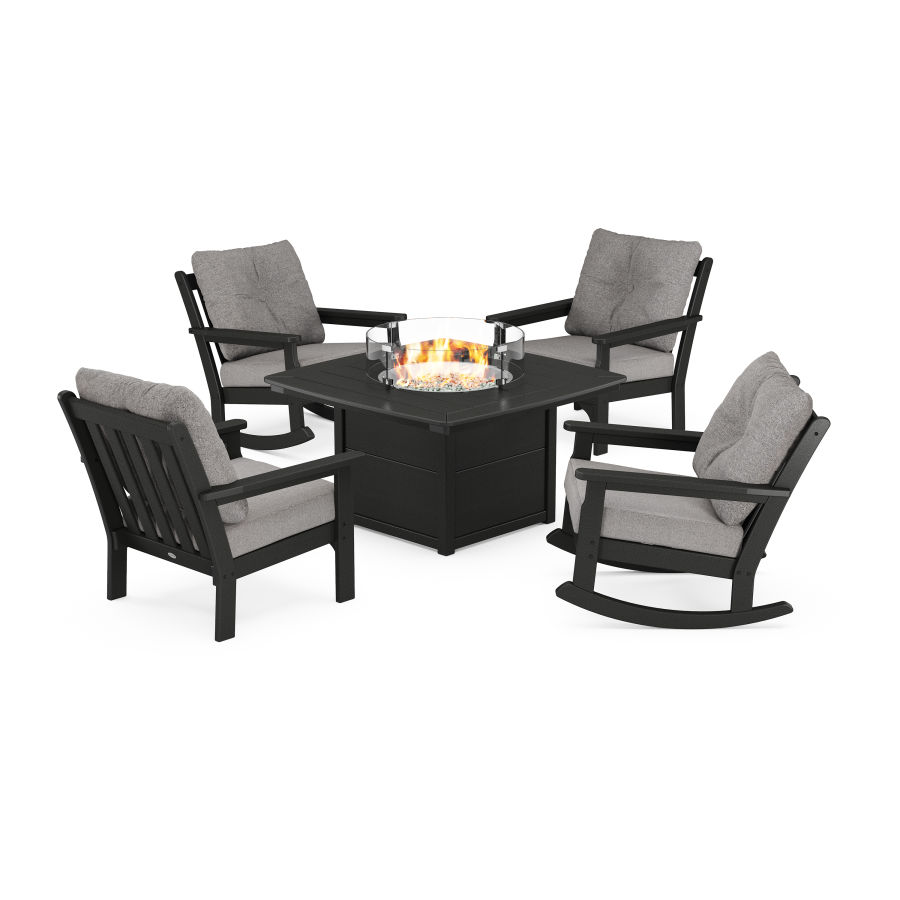 POLYWOOD Vineyard 5-Piece Deep Seating Rocking Chair Conversation Set with Fire Pit Table in Black / Grey Mist