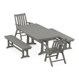 POLYWOOD Vineyard Folding Chair 5-Piece Dining Set with Trestle Legs and Benches