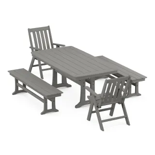 POLYWOOD Vineyard Folding Chair 5-Piece Dining Set with Trestle Legs and Benches