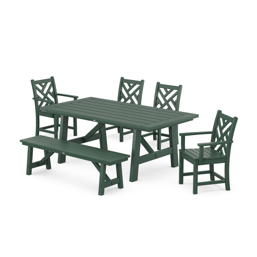 POLYWOOD Chippendale 6-Piece Rustic Farmhouse Dining Set With Trestle Legs in Green