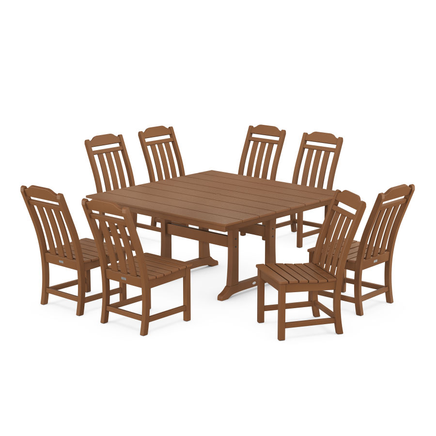 POLYWOOD Country Living 9-Piece Square Farmhouse Side Chair Dining Set with Trestle Legs in Teak