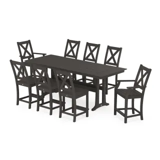 POLYWOOD Braxton 9-Piece Farmhouse Counter Set with Trestle Legs in Vintage Finish