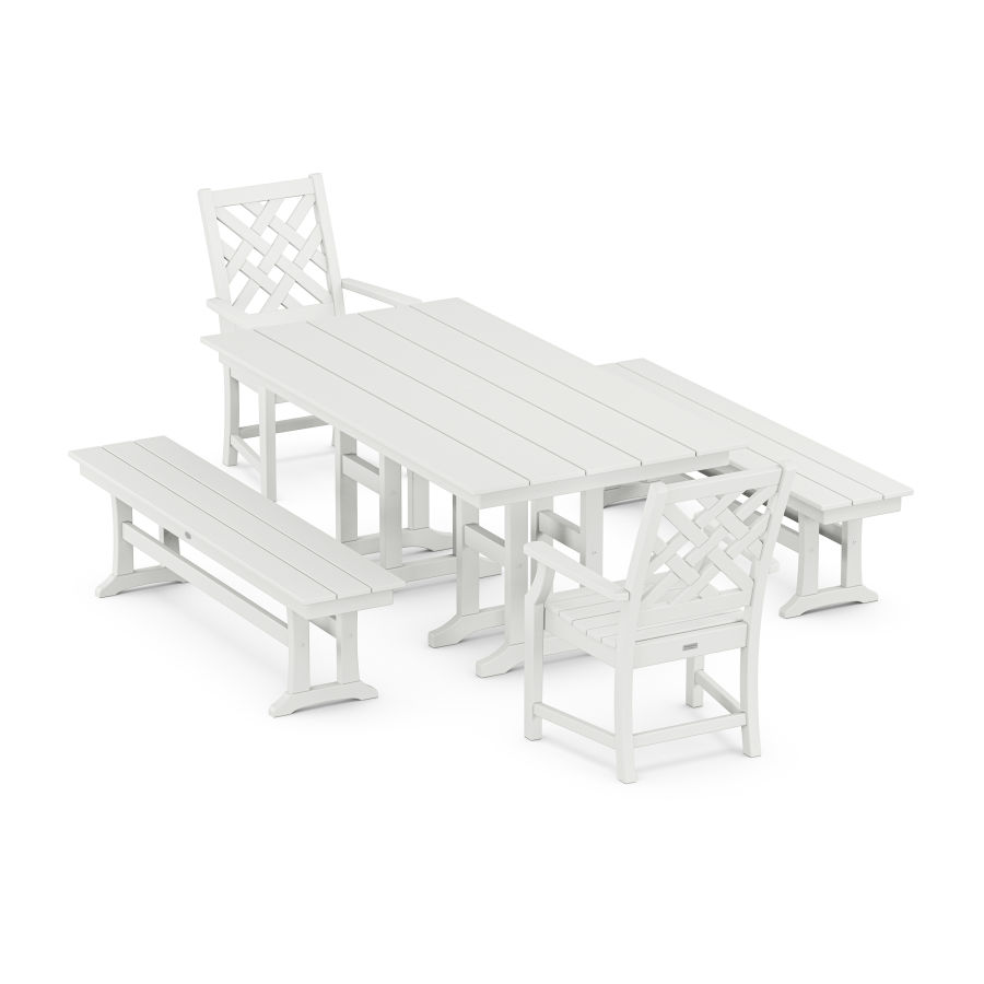 POLYWOOD Wovendale 5-Piece Farmhouse Dining Set with Benches in White