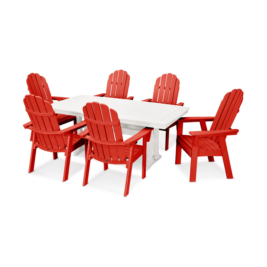 POLYWOOD Vineyard Curveback Adirondack 7-Piece Dining Set with Trestle Legs in Sunset Red / White