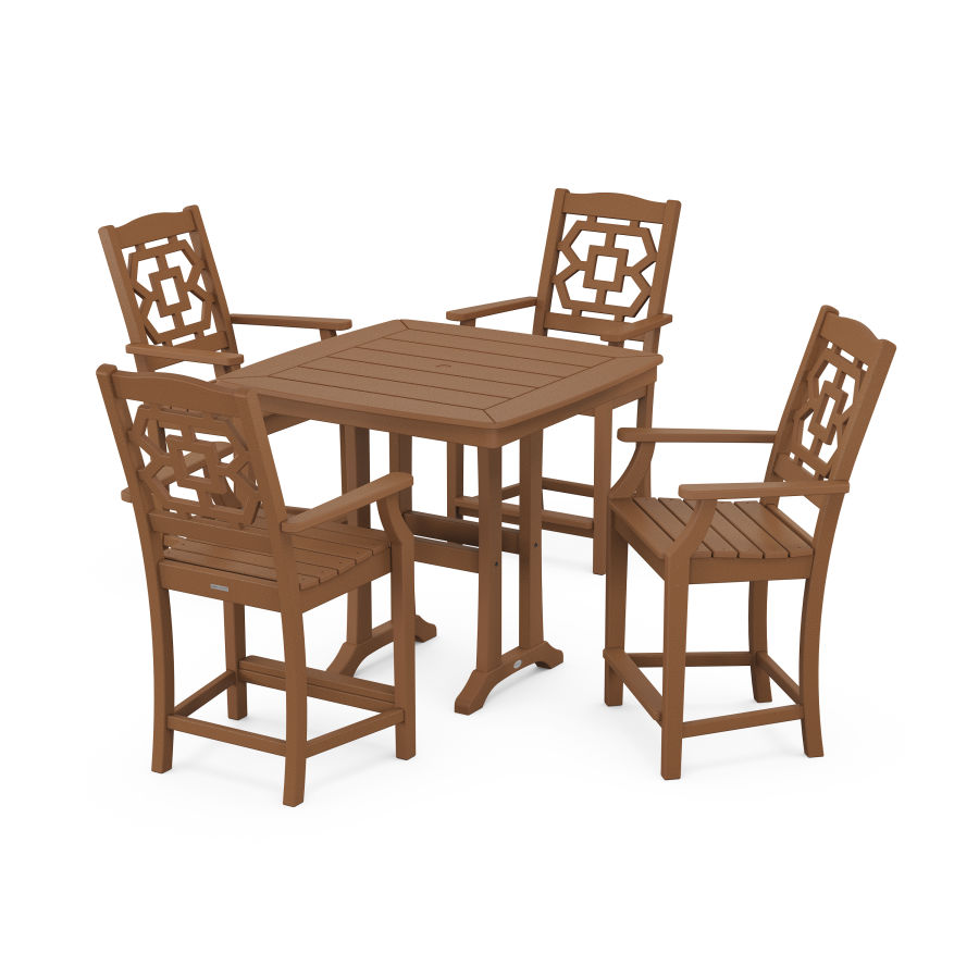 POLYWOOD Chinoiserie 5-Piece Counter Set with Trestle Legs in Teak