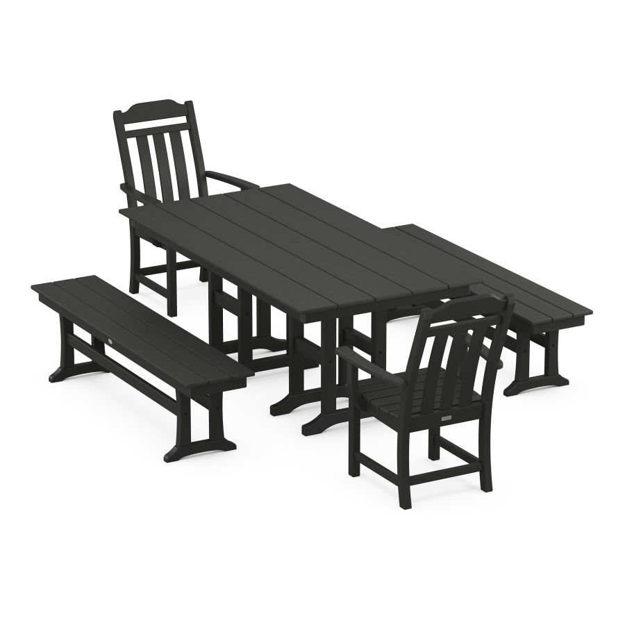 POLYWOOD Country Living 5-Piece Farmhouse Dining Set with Benches in Black