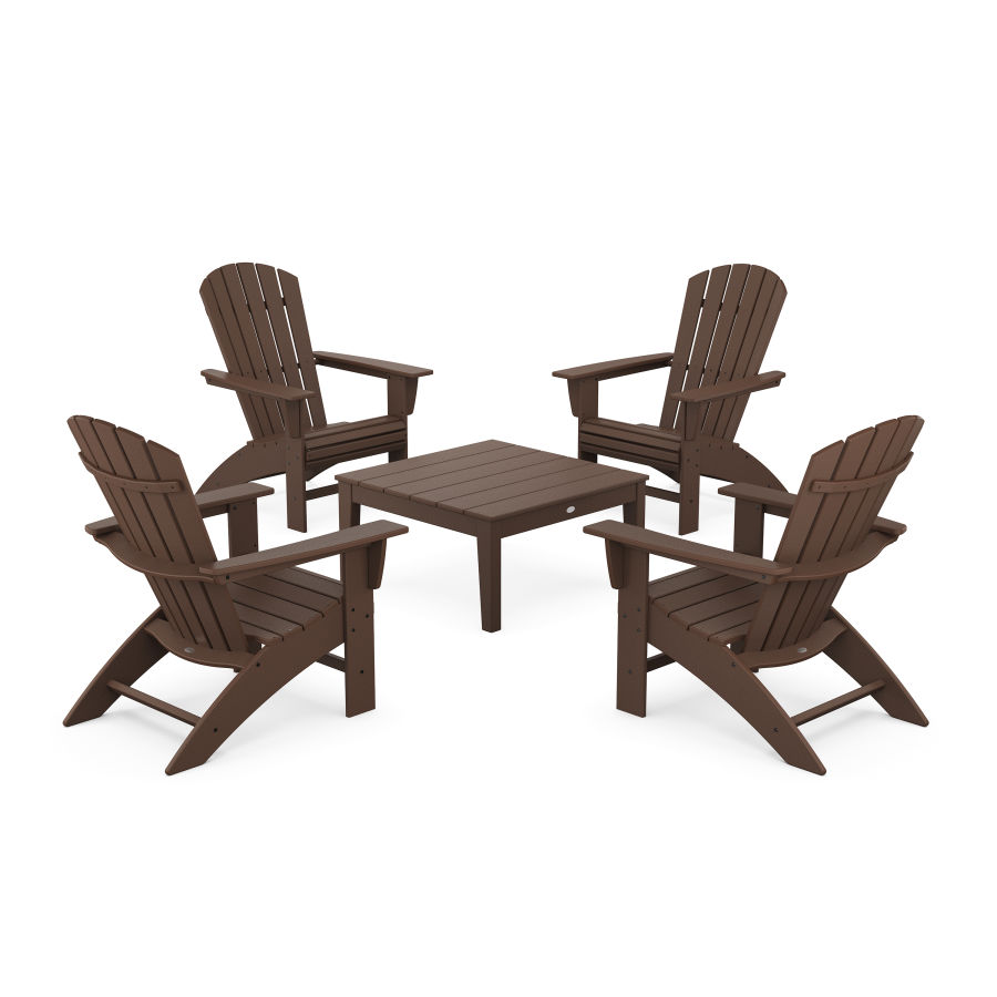 POLYWOOD 5-Piece Nautical Curveback Adirondack Chair Conversation Set with 36" Conversation Table in Mahogany