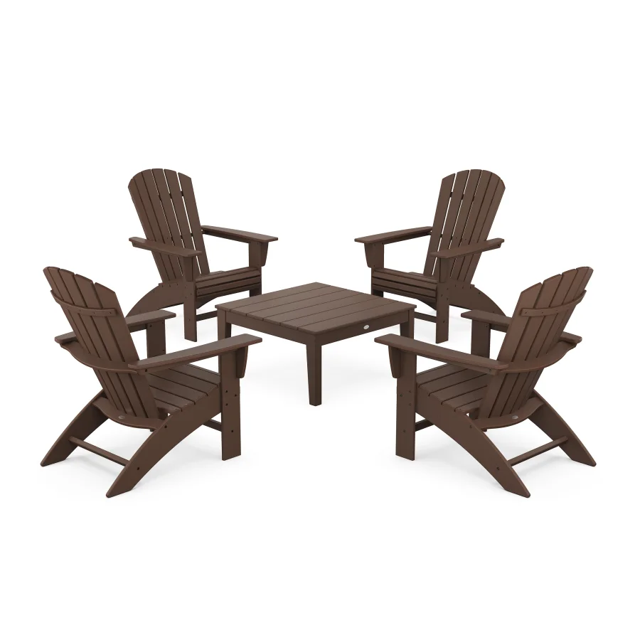 POLYWOOD 5-Piece Nautical Curveback Adirondack Chair Conversation Set with 36" Conversation Table in Mahogany