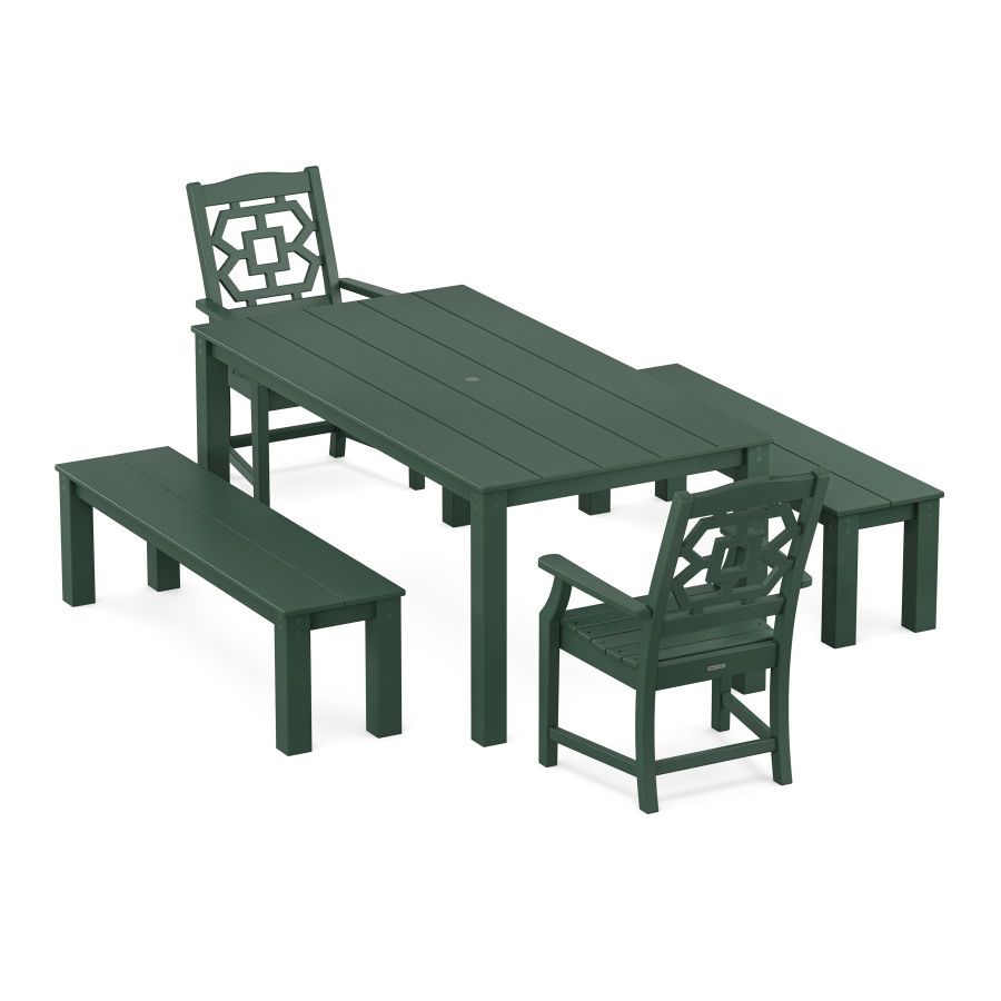POLYWOOD Chinoiserie 5-Piece Parsons Dining Set with Benches in Green