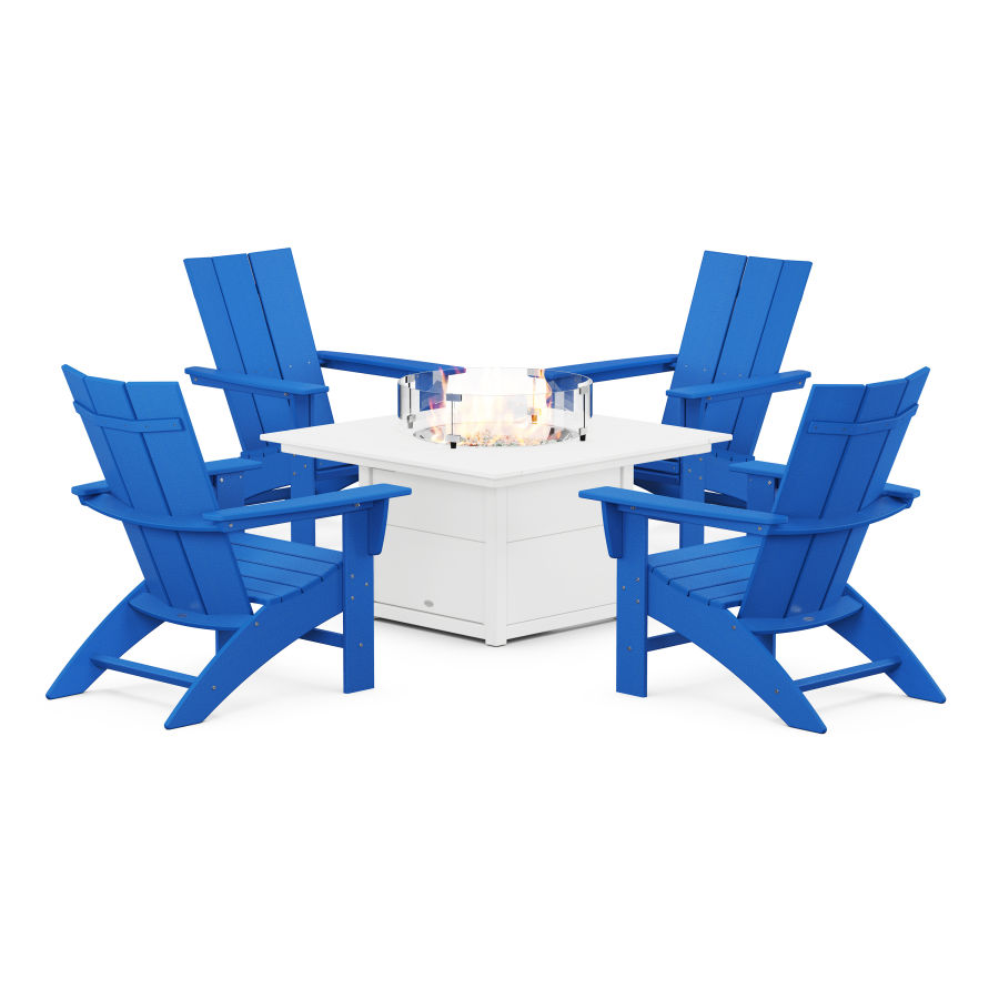 POLYWOOD Modern Curveback Adirondack 5-Piece Conversation Set with Fire Pit Table in Pacific Blue