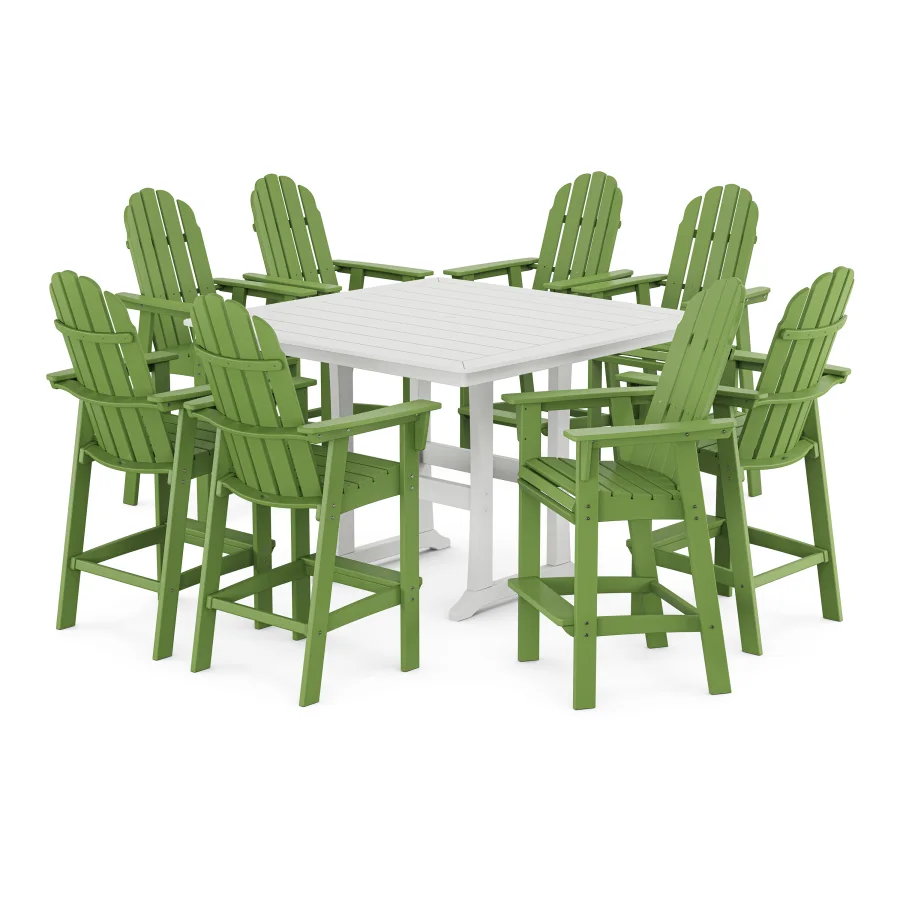 POLYWOOD Vineyard Curveback Adirondack 9-Piece Nautical Trestle Bar Set in Lime / White