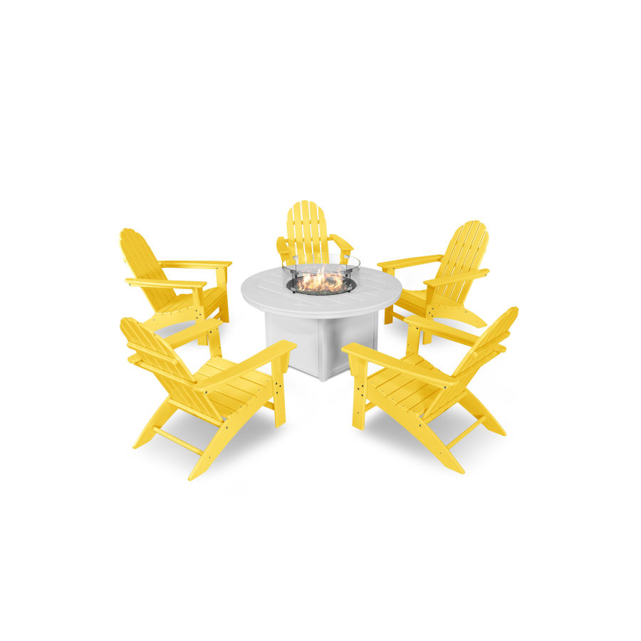 POLYWOOD Vineyard Adirondack 6-Piece Chat Set with Fire Pit Table in Lemon / White