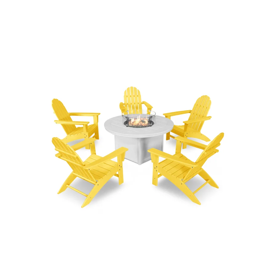 POLYWOOD Vineyard Adirondack 6-Piece Chat Set with Fire Pit Table in Lemon / White