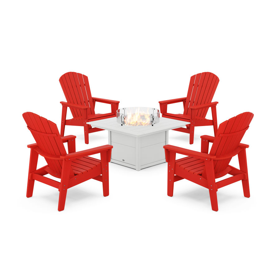 POLYWOOD 5-Piece Nautical Grand Upright Adirondack Conversation Set with Fire Pit Table in Sunset Red / White