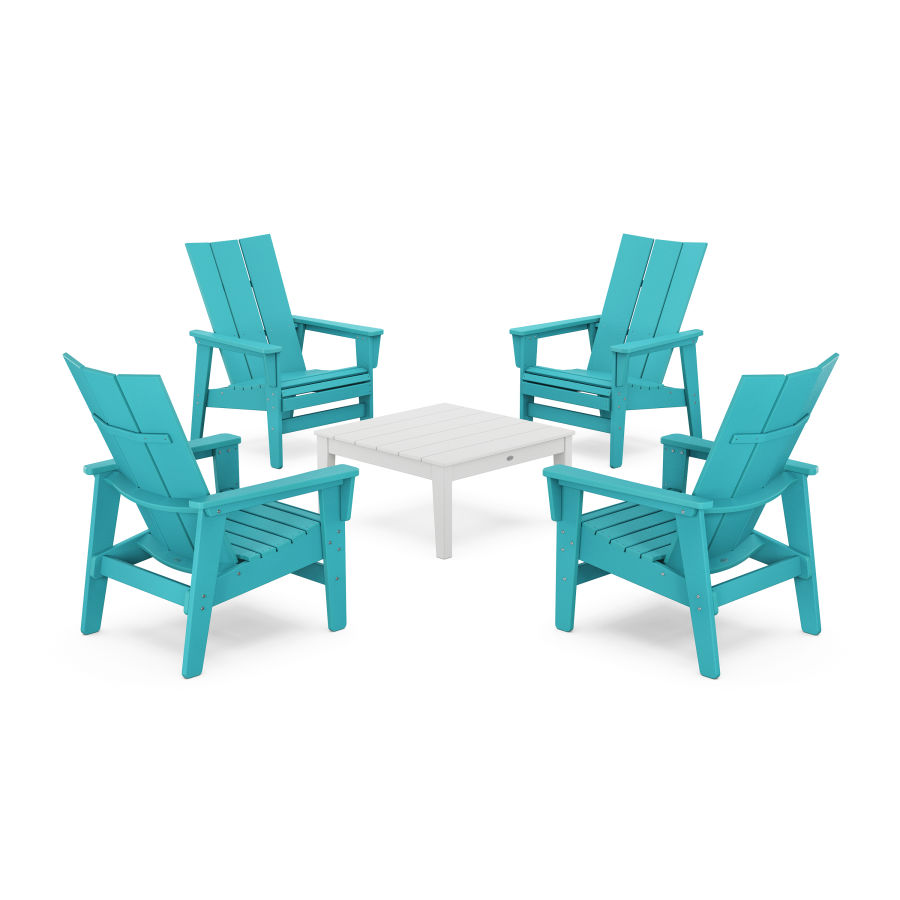 POLYWOOD 5-Piece Modern Grand Upright Adirondack Chair Conversation Group in Aruba / White