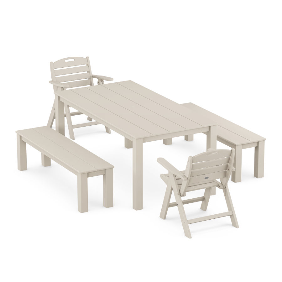 POLYWOOD Nautical Folding Lowback Chair 5-Piece Parsons Dining Set with Benches in Sand