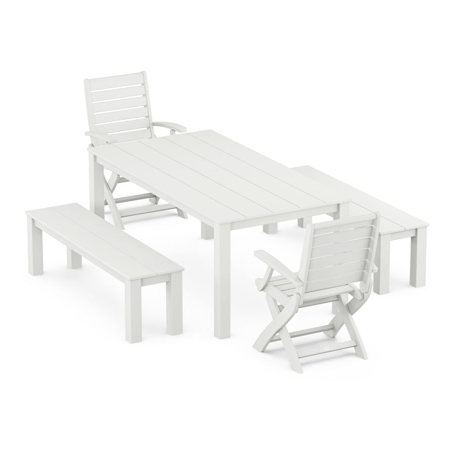 POLYWOOD Signature Folding Chair 5-Piece Parsons Dining Set with Benches in White