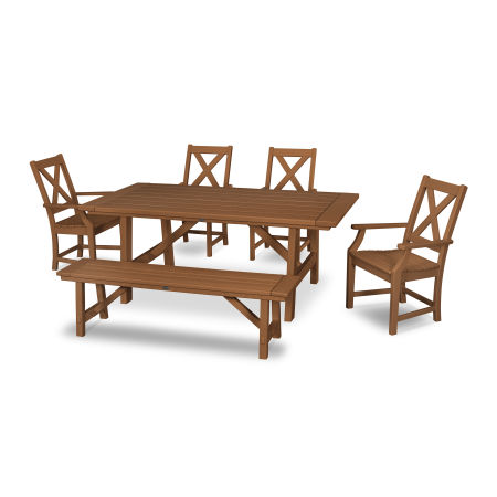Braxton 6-Piece Rustic Farmhouse Arm Chair Dining Set with Bench in Teak