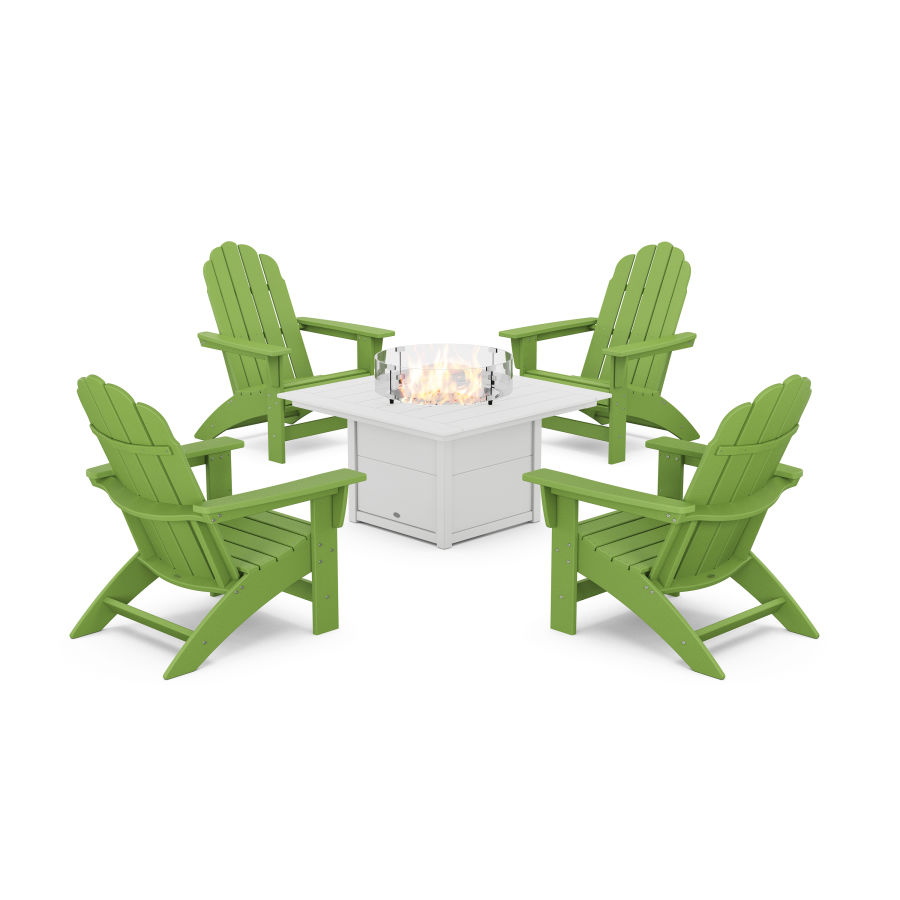 POLYWOOD 5-Piece Vineyard Grand Adirondack Conversation Set with Fire Pit Table in Lime / White